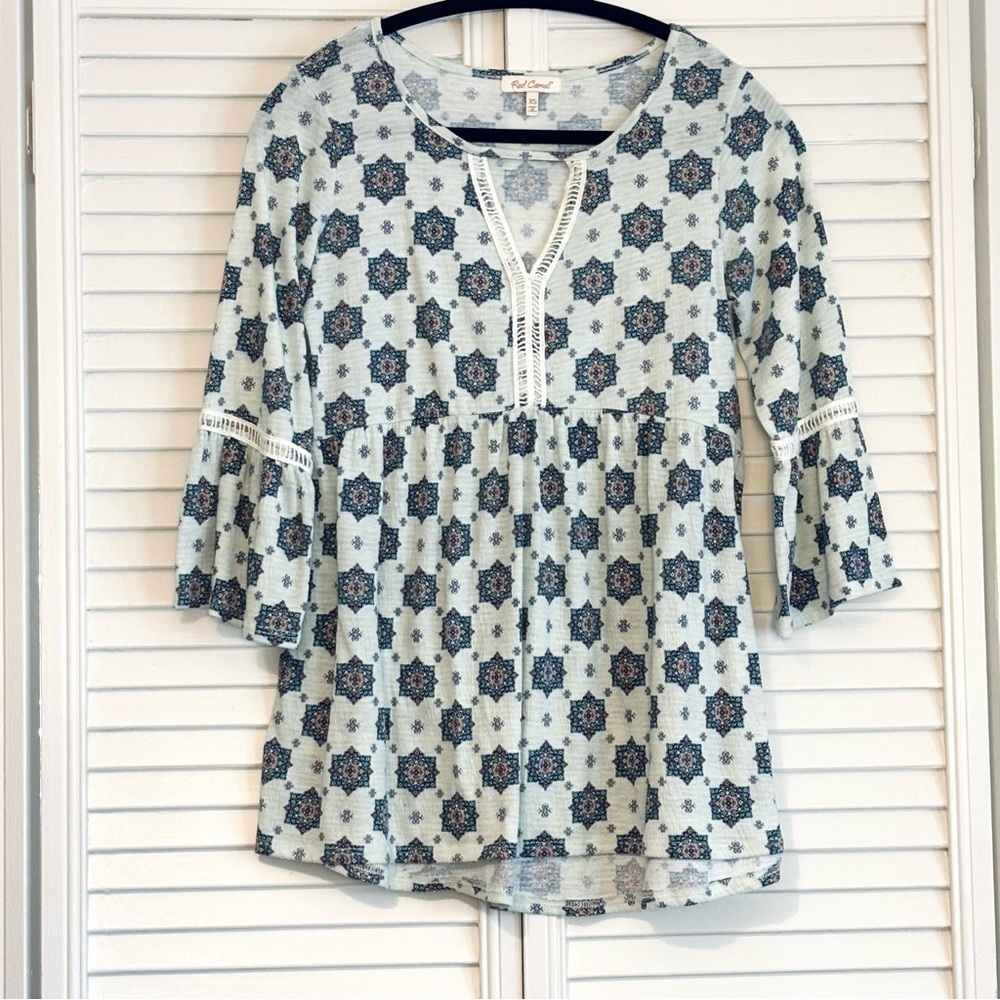 Red Camel Blue Patterned Peasant Blouse Top Bell Sleeve Boho Bohemian Size XS